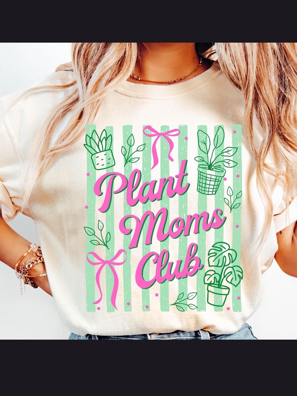 Plant Moms Club Graphic Tee - Cream with Pink & Mint